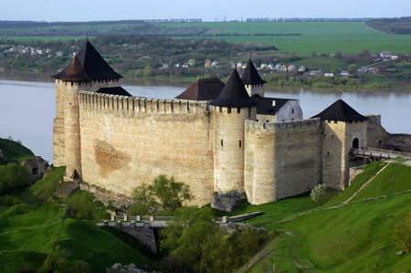 Medieval fortress with towers and defensive walls in  the Hotyn Chernivtsi region Ukraineのeditorial素材