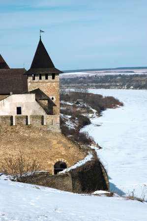 Medieval fortress with towers and defensive walls in  the Hotyn Chernivtsi region Ukraineのeditorial素材