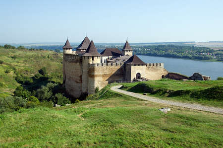 Medieval fortress with towers and defensive walls in  the Hotyn Chernivtsi region Ukraineのeditorial素材
