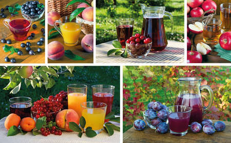 Fresh natural juices from berries and fruits. Photo collage.の写真素材