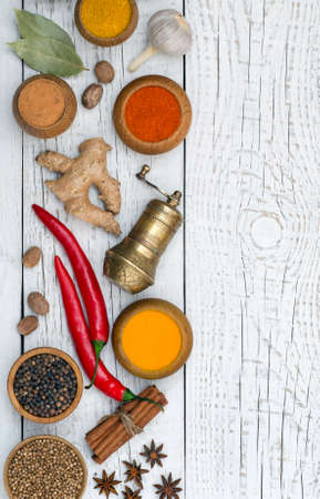 Spices for Indian cuisine. Pepper, ginger, chili, coriander, turmeric and other on white wooden background with copy space for your text. Top view.の写真素材
