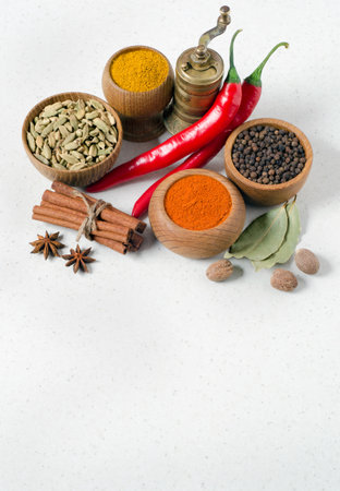 Spices for Indian cuisine. Pepper, ginger, chili, coriander, turmeric on white background with copy space for your text. Top view.の写真素材