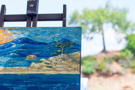 Painting of landscape done during sailing voyage, acrilic painting of sunrise and a tree on island in Gocek, Turkey, artist living on boat, make your life better conceptのeditorial素材