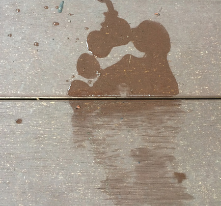 Wet footprint on wooden porchの写真素材