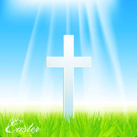 Easter Cross with Grass and Text on Blue Sky Backgroundのイラスト素材