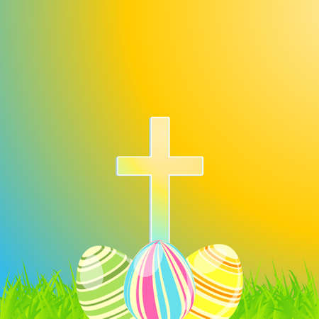 Brightly Painted Easter Eggs and Cross in long Grass with Glossy Gold Sun and Raysのイラスト素材
