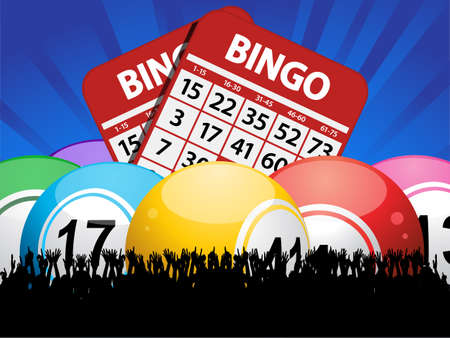 Bingo Balls and Cards on Blue Background with Crowdのイラスト素材