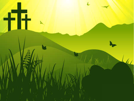Easter Scene on Landscape with Cross and Eggsのイラスト素材