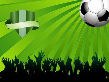 Football Ball with Crowd and Shield with Banner on a Green Backgroundのイラスト素材