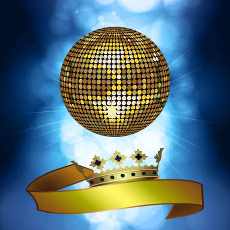 Gold Disco Ball with Banner and Crown on Blue Glowing のイラスト素材
