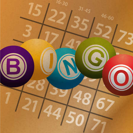 Bingo Balls and Numbers from a Bingo Card on Brown paper Backgroundのイラスト素材