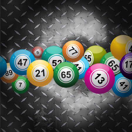 Bingo Balls Flying over a Glowing Metallic Diamond Plate Backgroundのイラスト素材