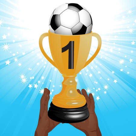 Football Trophy in Man Hands with Ball and Number One over a Blue Sparkling Backgroundのイラスト素材