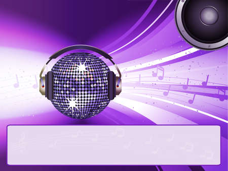 Disco Ball with Headphone and Speaker on Purple Glowing Background with Label for Your Messageのイラスト素材
