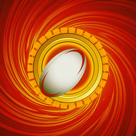 Rugby Ball on a Circular Shield over a Red and Yellow Backgroundの写真素材