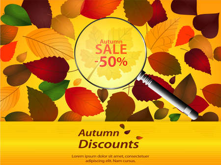 Autumn Discount Background with Leafs Magnifier and Textのイラスト素材