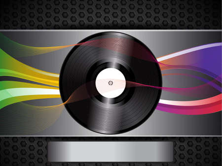 Vinyl Record and Neon Waves over a Brushed Metallic Background with Panel for Your Textのイラスト素材