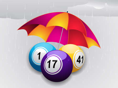 Bingo Balls and Umbrella over Grey Raining Backgroundのイラスト素材