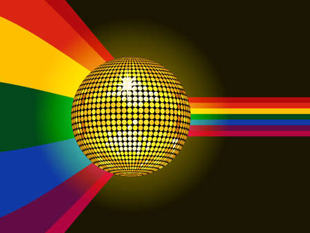 Golden Disco Ball and Rainbow over Black Glowing Backgroundのイラスト素材