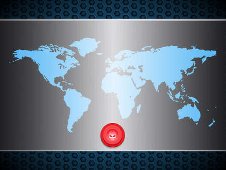 World Map Over Brushed Metallic Plate with Red Button and Skullのイラスト素材