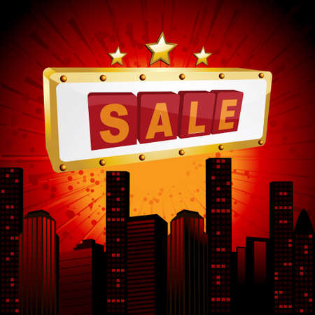 Gold and Red Sale Sign over Abstract Cityscape Backgroundのイラスト素材