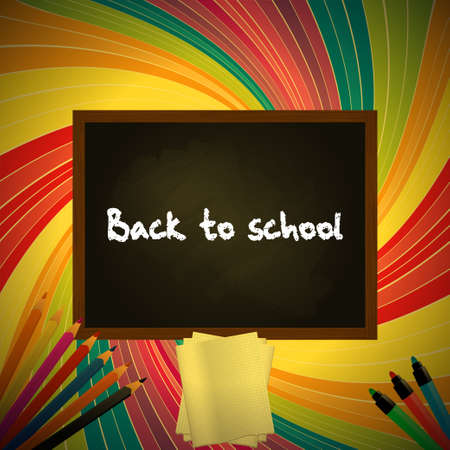 Back to School Background with Blackboard Pencil and Paper Sheet Over Vintage Multicolor Swirlのイラスト素材