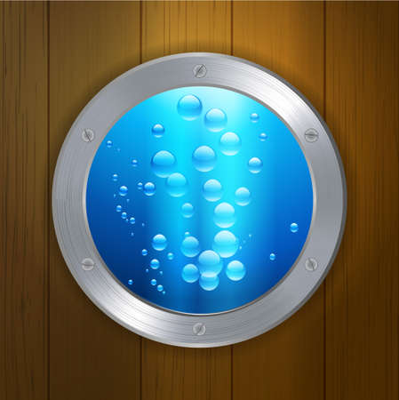Porthole Window with Blue Water and Bubbles Over Wood Backgroundのイラスト素材