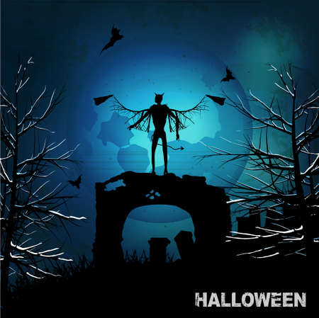 Halloween Grunge Background with Evil Angel Bats Moon and Treesのイラスト素材