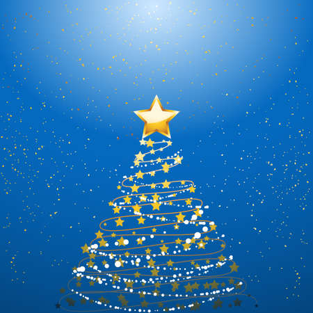Golden Glowing Christmas Tree and Star Over Blue Backgroundのイラスト素材