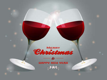 Wine Glasses Touching Over Merry Christmas Text on Festive Glowing Backgroundのイラスト素材