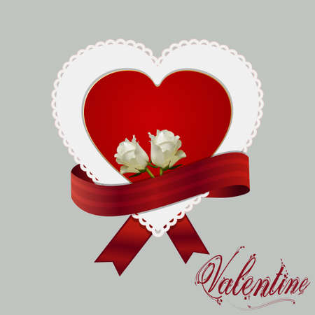 Heart Card and Red Ribbon with Two Roses and Valentine Textのイラスト素材