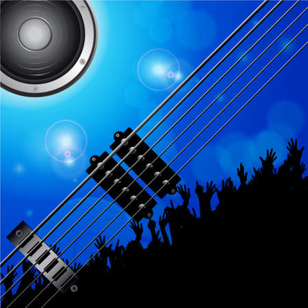 Electric Guitar Strings Loudspeaker and Crowd Over Blue Glowing Backgroundのイラスト素材