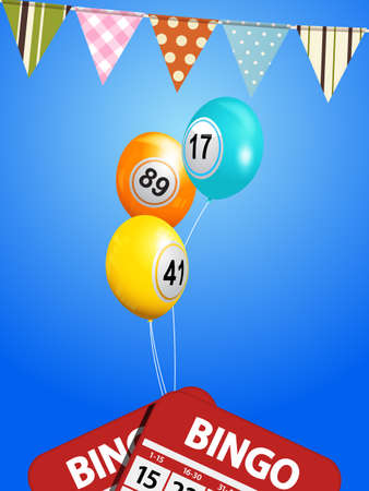 Bingo Balloons Floating Over Blue Sky with Bunting and Bingo Cardsのイラスト素材