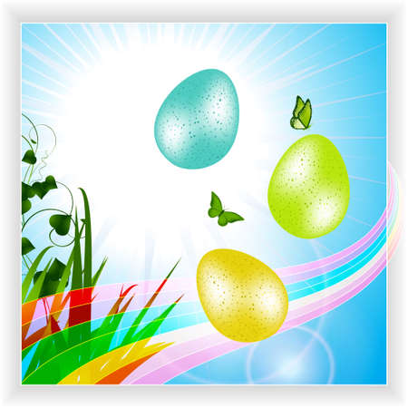 Easter Eggs and Butterfly Over Blue Sky with Rainbow and Green Grass Panelのイラスト素材