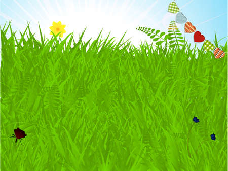 Warm Spring Background with Grass Flowers Butterfly and Heart Shaped Buntingのイラスト素材