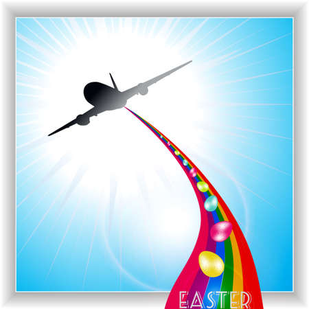 Airplane Releasing Easter Eggs Over a Rainbow on Blue Sky Panelのイラスト素材