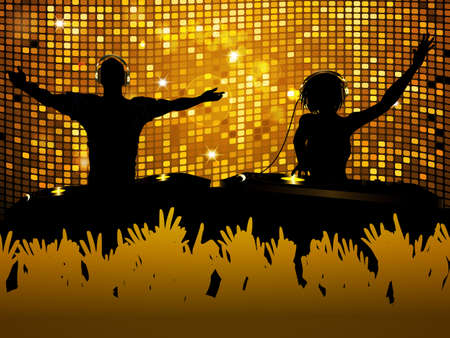 Female and Male DJ Hosting a Party with Crowd Disco Wall and Record Decksのイラスト素材