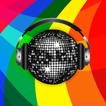 Silver Disco Ball with Headphones Over Rainbow Backgroundのイラスト素材