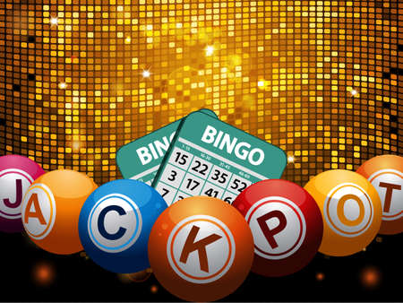 Bingo Balls with Jackpot Word and Cards Over Golden Disco Wallのイラスト素材
