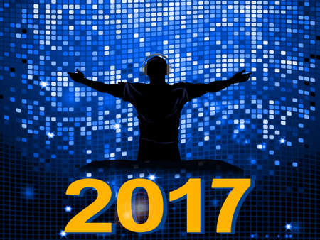 Blue Disco Wall Background with DJ Silhouette and Twenty Seventeen in Number