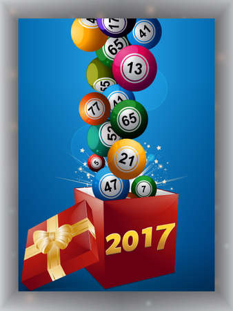 Bingo Balls Jumping Out From a Red Gift Box with Golden Ribbon Bow and 2017 Date over Blue Panel with Shadowのイラスト素材