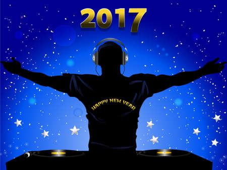 DJ Silhouette with Record Decks and Happy New Year T-shirt  Over Blue Festive Background with 2017 and Starsのイラスト素材