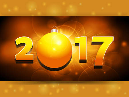 Twenty Seventeen in Golden Numbers and Bauble Glowing Panel Over Glowing Backgroundのイラスト素材