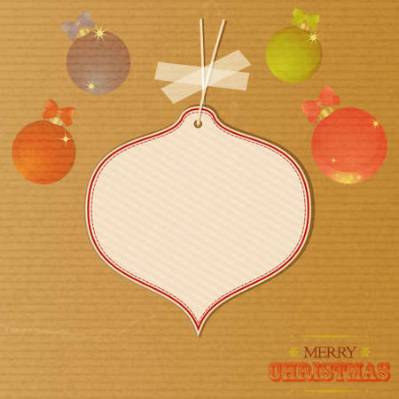 Merry Christmas Brown Paper Background with Baubles Text and Blank Tag Hanging with Sellotape for Your Messagesのイラスト素材