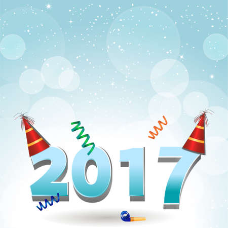 New Year Twenty Seventeen in Numbers with Party Hats Over Blue Background With Snowのイラスト素材