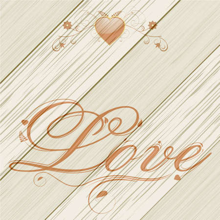Wood Panel Background with Love Text and Floral Heartのイラスト素材