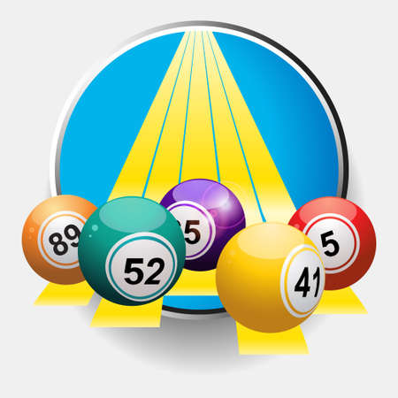 3D Illustration of Bingo Balls Over Yellow Stripes Coming Out From Metallic Borderのイラスト素材