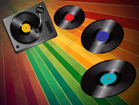 Vintage Striped Background with Turnable and Three Flying Vinyl Discsのイラスト素材