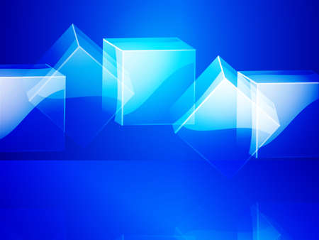 3D Illustration of Glass Cubes with Reflection Over Blue Backgroundのイラスト素材