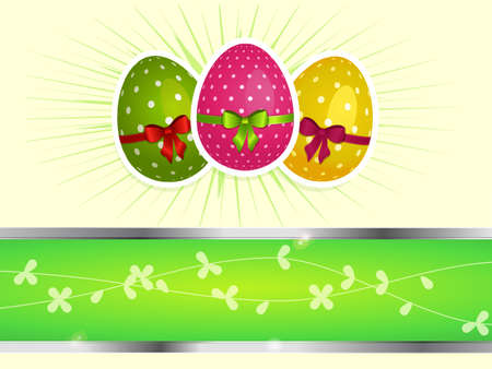 Decorated Easter Eggs with Ribbons and Bow Over Light Cream Background with Copy Space Areaのイラスト素材